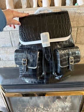 Brahmin Black Croc-Embossed Backpack with Front Pockets